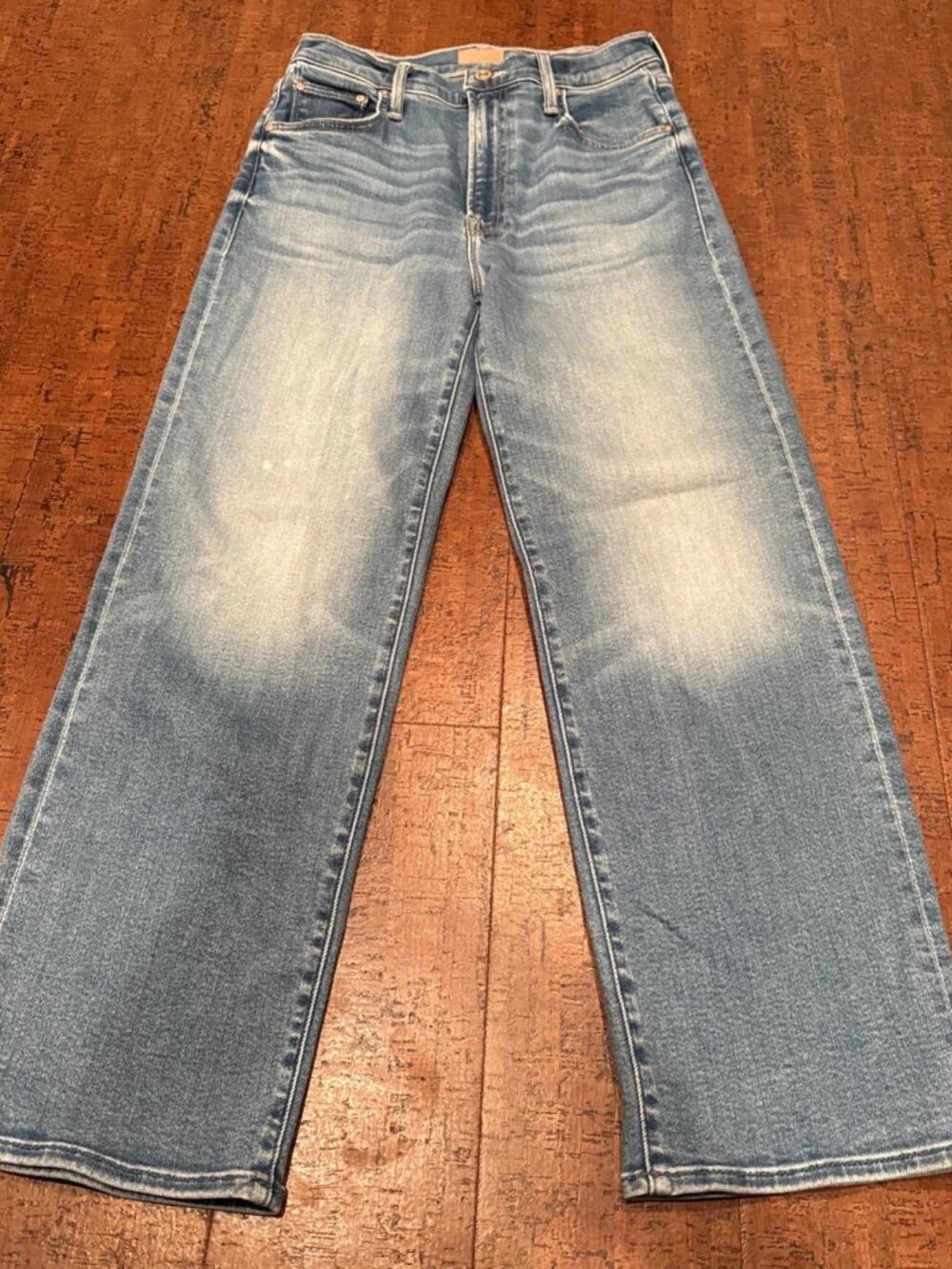 Mother Women’s 27 Mid-Rise Lil Rambler Zip Flood Wide Straight Jeans Blue Denim